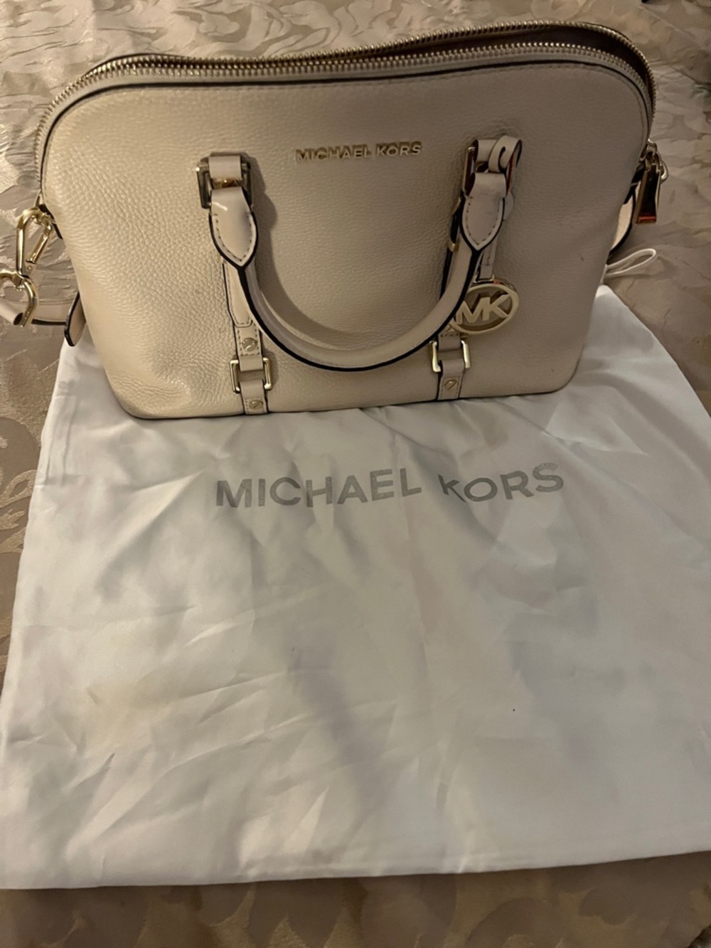 MICHAEL KORS Pearl/Cream Pebbled Leather Satchel with Gold Hardware